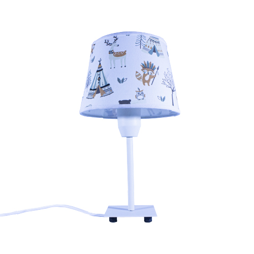 Velador infantil con pie blanco y pantalla de tela nórdica estampado indio